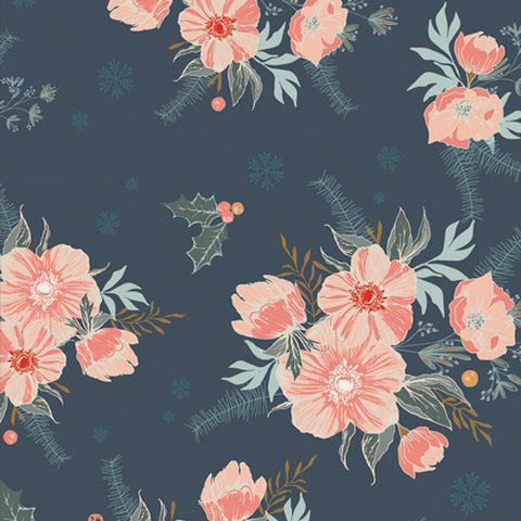 frosted pink roses on a dark blue background fabric featuring holly and pine print