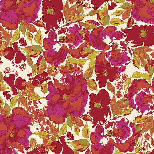 red and magenta flowers with apple green leaves on a cream background fabric by bari j.