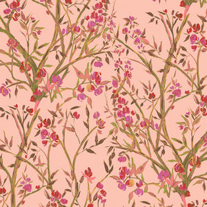 red and magenta flowers on brown/green branches on a pink fabric background
