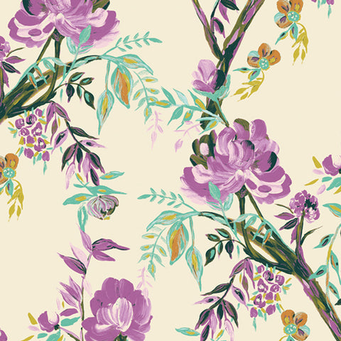 purple, teal, gold, and green flowers on a cream background fabric. vintage vibe.