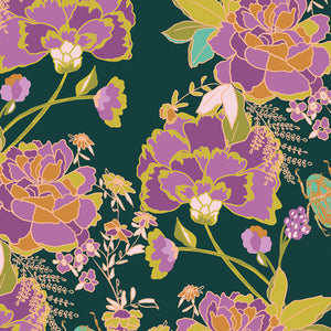 purple and gold flowers on a dark green fabric background