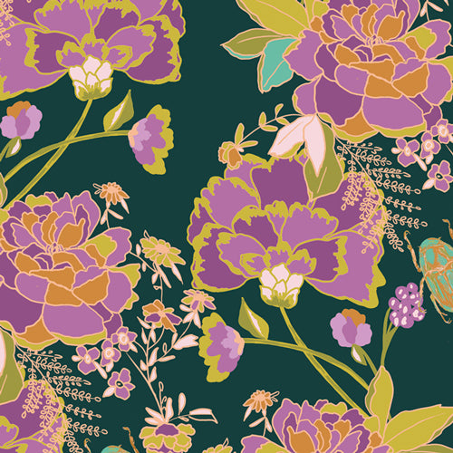 purple and gold flowers on a dark green fabric background