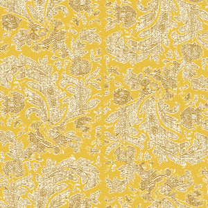 yellow fabric background with vintage cream a nd brownish gray design