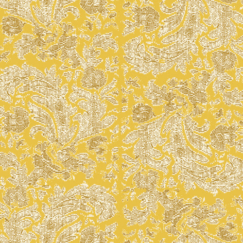 yellow fabric background with vintage cream a nd brownish gray design