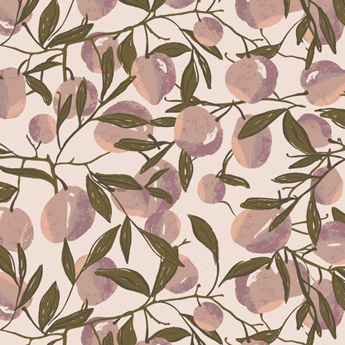 muted purple and green floral print on cream background fabric
