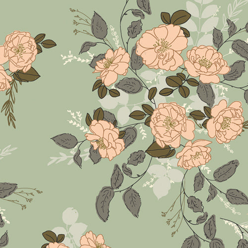peachy pink flowers with green and gray on a minty green background fabric