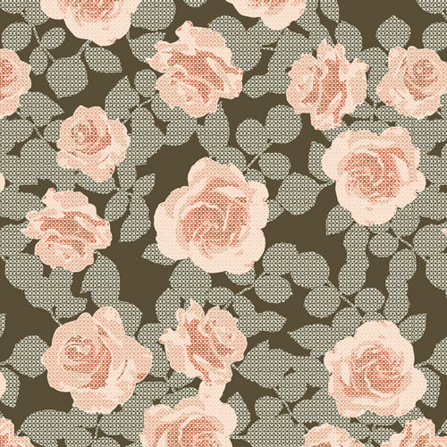 muted pink flowers on a dark moss green background fabric