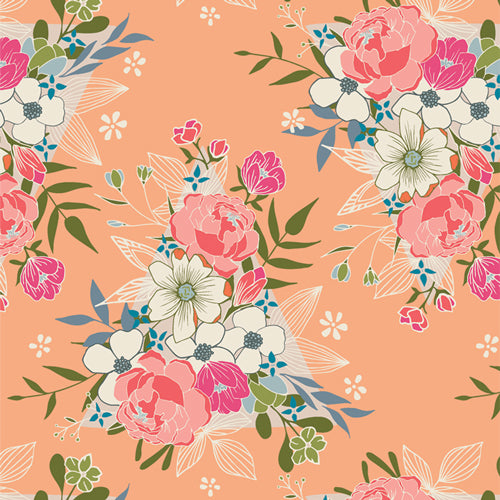 peach background fabric with green, pink, blue, white,and green flowers