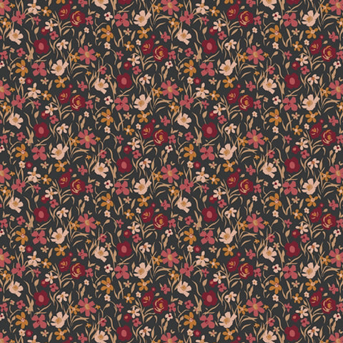 burgundy, gold, and pale pink flowers on a black fabric background