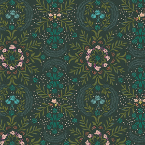 Fireflies and flowers on a dark green background designed by Amy Sinibaldi.