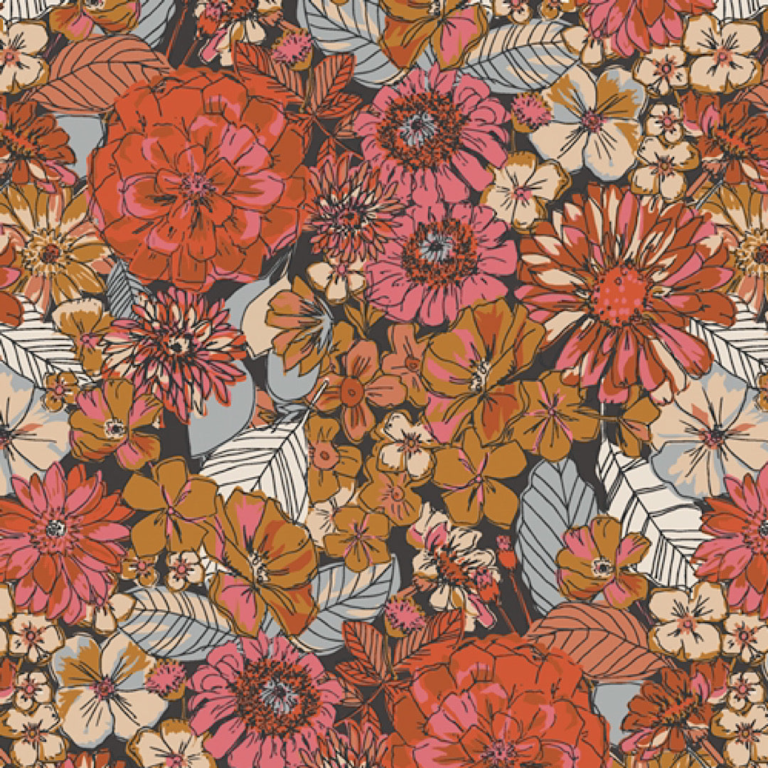 floral mix with oranges, reds, and pinks make for a funky and fun fabric
